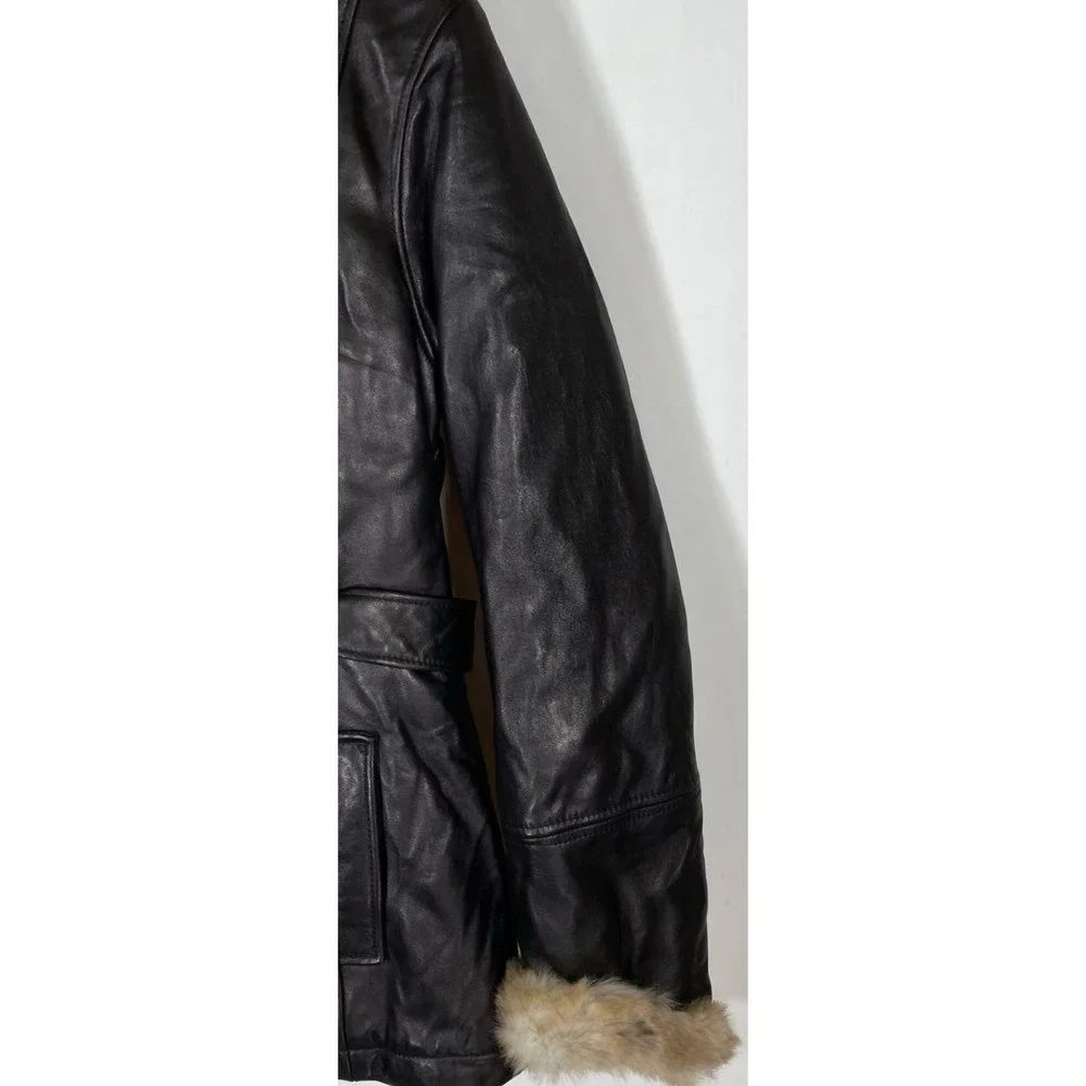 Wilsons Vintage USA Mens Genuine Leather Faux Fur Hooded Belted Jacket Medium